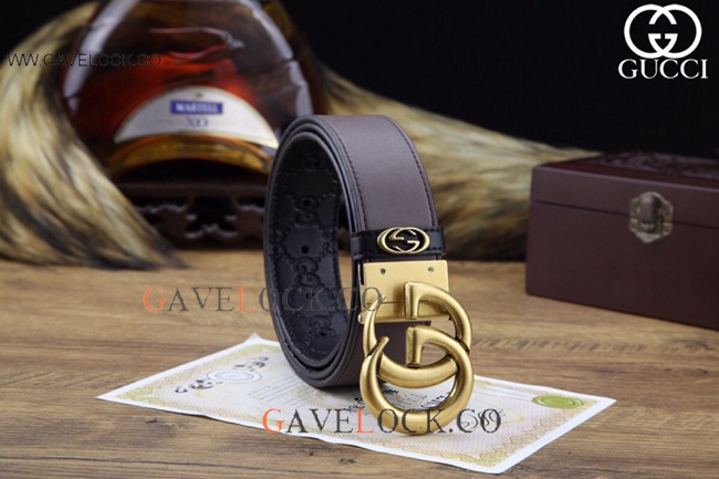 Gucci Black Leather Belt Gold Rotary Buckle Made In Italy
